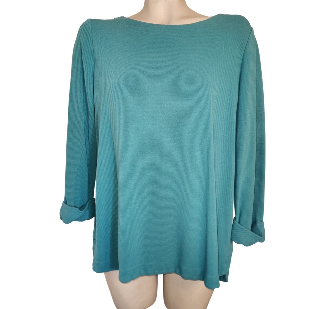 J. Jill Wearever Teal Blue Ribbed Knit Boatneck Top Long Sleeve M officecore